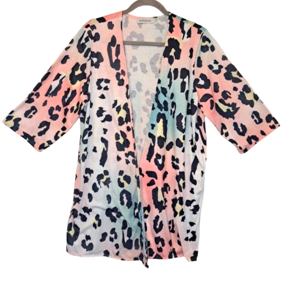 MissLook Rainbow Pastel Open-Front Leopard Print Cardigan Size Small
